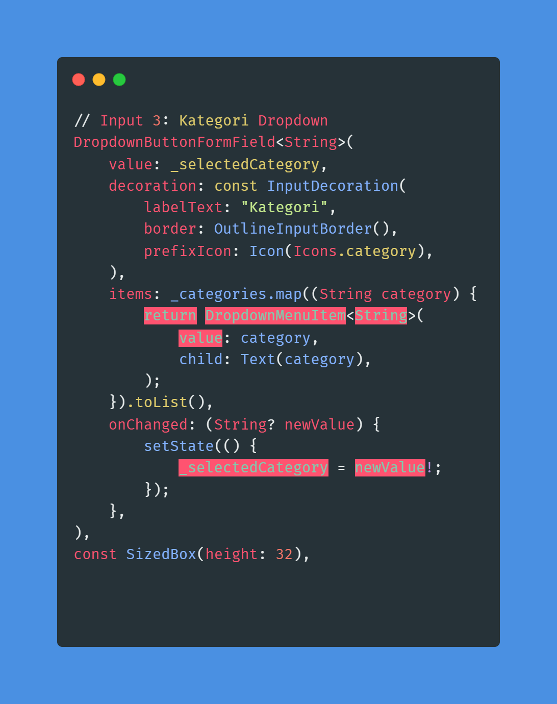 Input ketiga Kategori Dropdown
